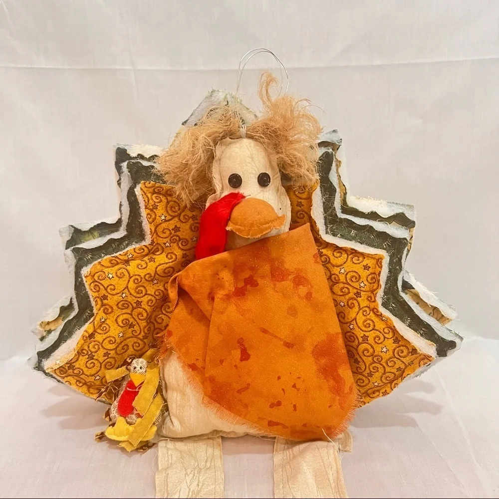 Turkey Shelf Sitter Wall Hang Plush Dolls Fabric THANKSGIVING Decor Pilgrim VTG